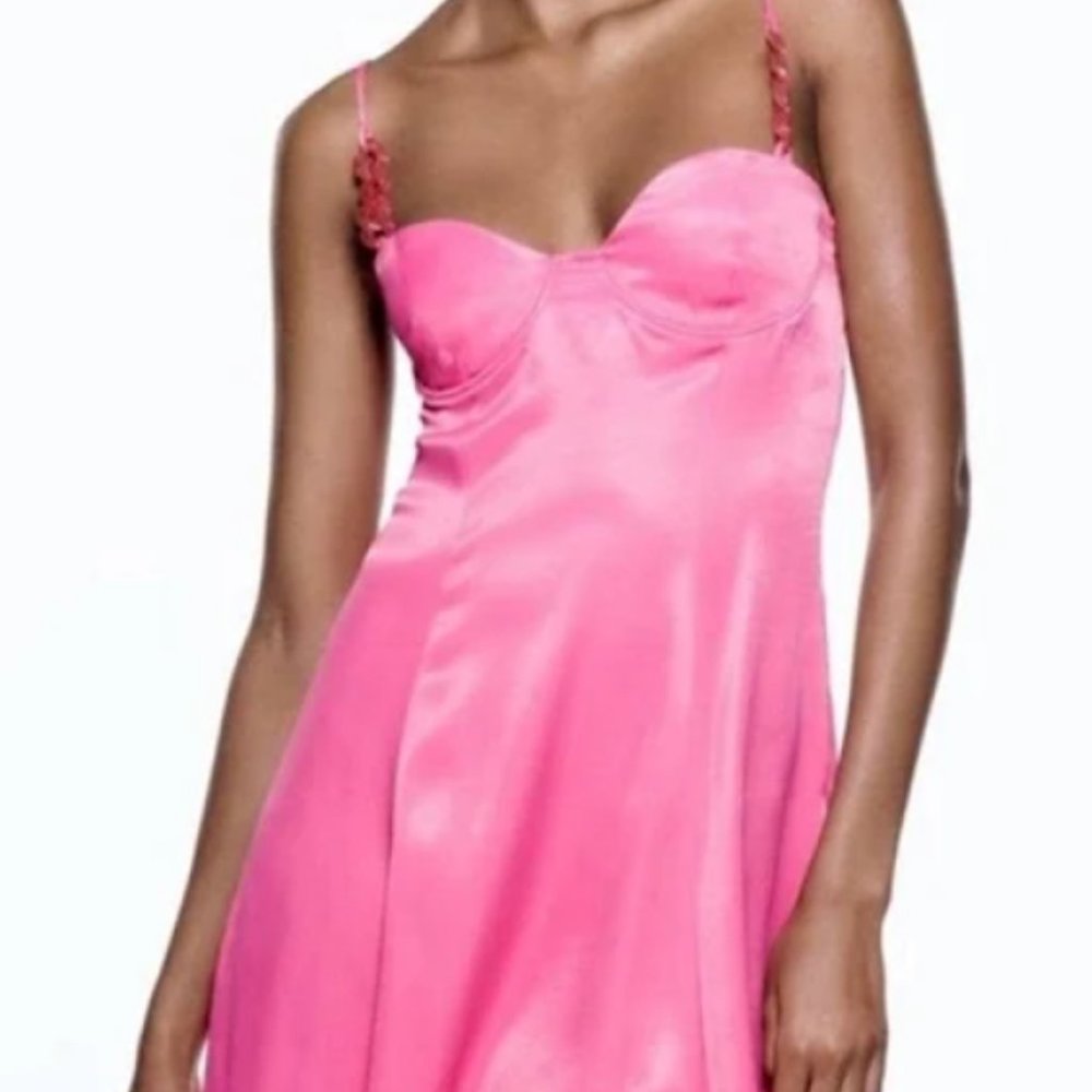 Zara Hot Pink Satin Effect Slip Dress with Chain Detail | Color: Pink, Size S